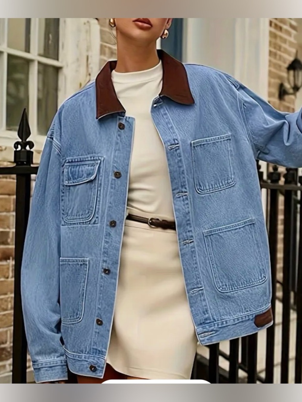 Women’s oversized Light Blue Denim Jacket with Corduroy Collar hem